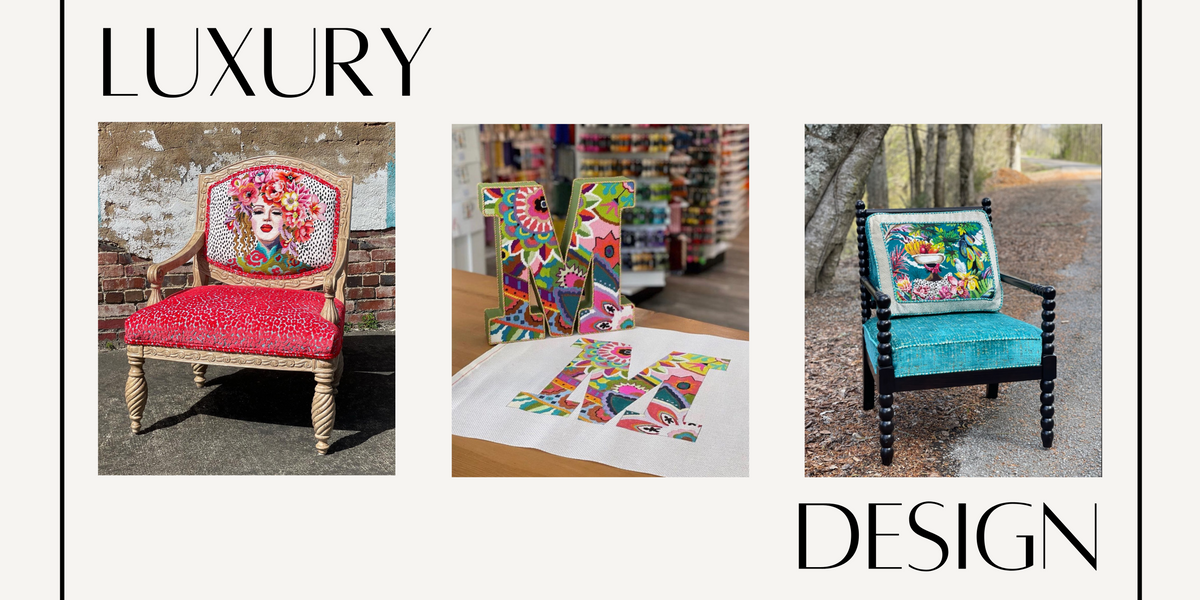 Wholesale needlepoint designs on the back of upholstered chairs.  The luxury designs feature handpainted artwork from Marie Barber in boho chic style for an elevated, glamourous home estate.